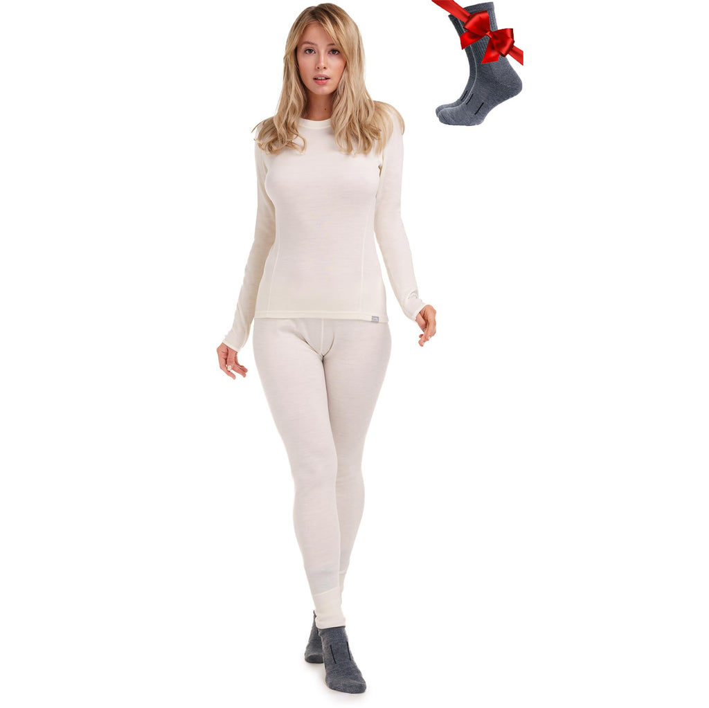 100% Merino Wool Base Layer Women Set - Thermal Underwear Women Top, Bottom
