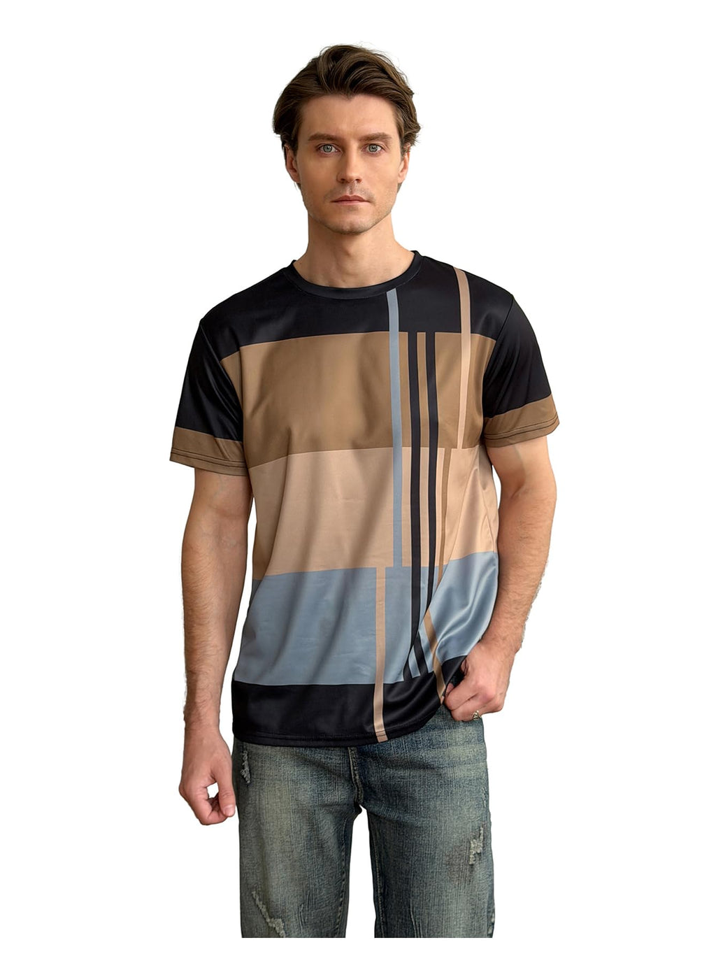 VIPWOLF Men's Casual Regular Fit Striped Shirt Graphic Tee