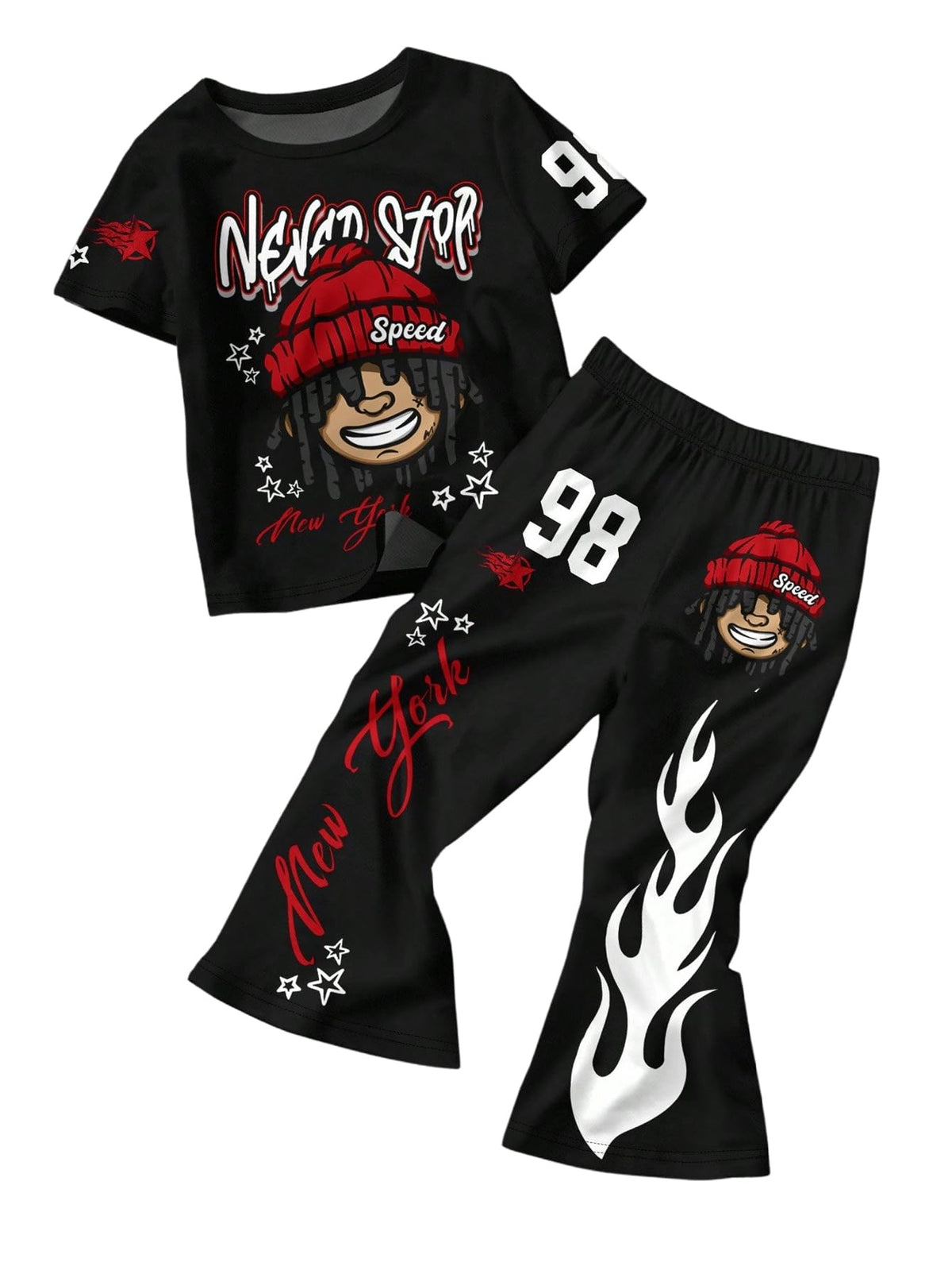 VIPWOLF Boy's Y2K Outfits Short Sleeve Anime Tee Shirts and Camo Flared Pants Clothing Sets