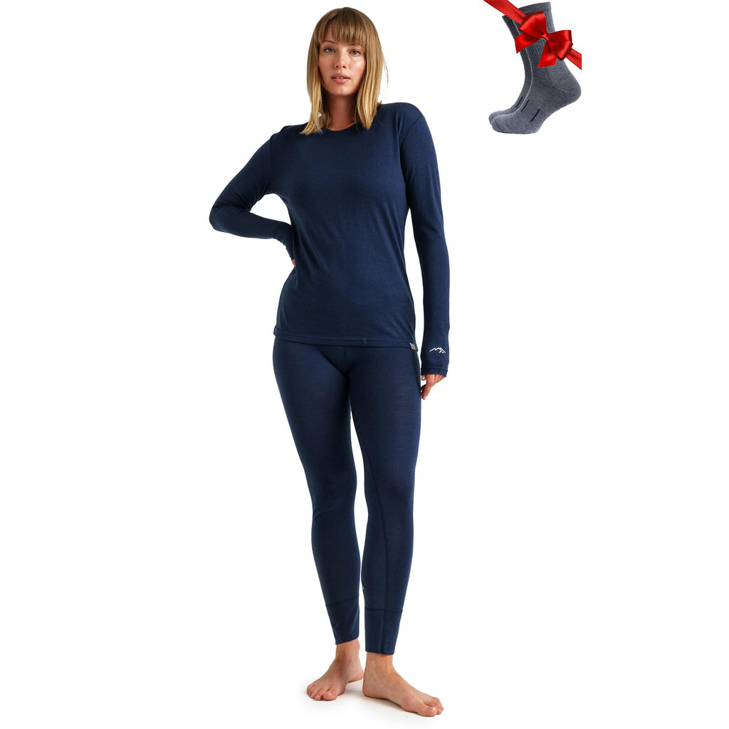 100% Merino Wool Base Layer Women Set - Thermal Underwear Women Top, Bottom