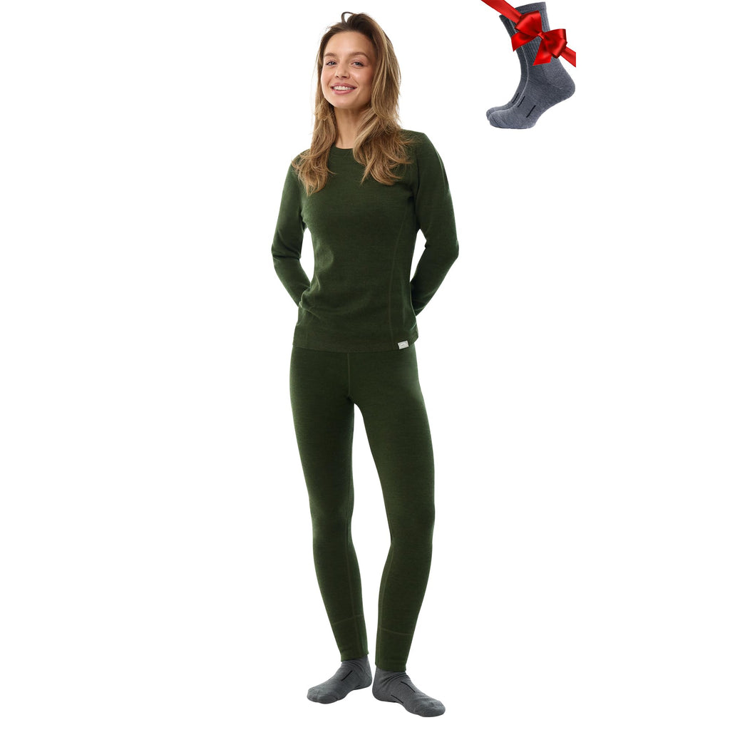 100% Merino Wool Base Layer Women Set - Thermal Underwear Women Top, Bottom