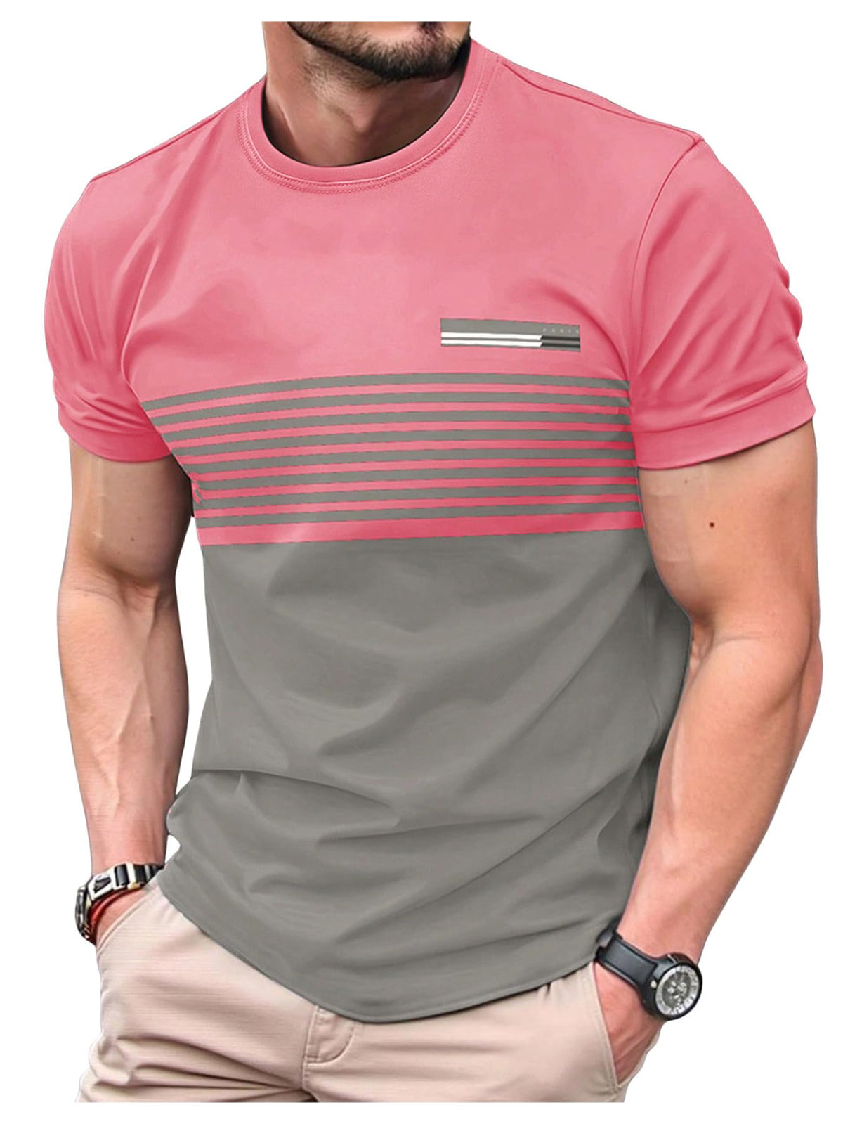 VIPWOLF Men's Casual Regular Fit Striped Shirt Graphic Tee