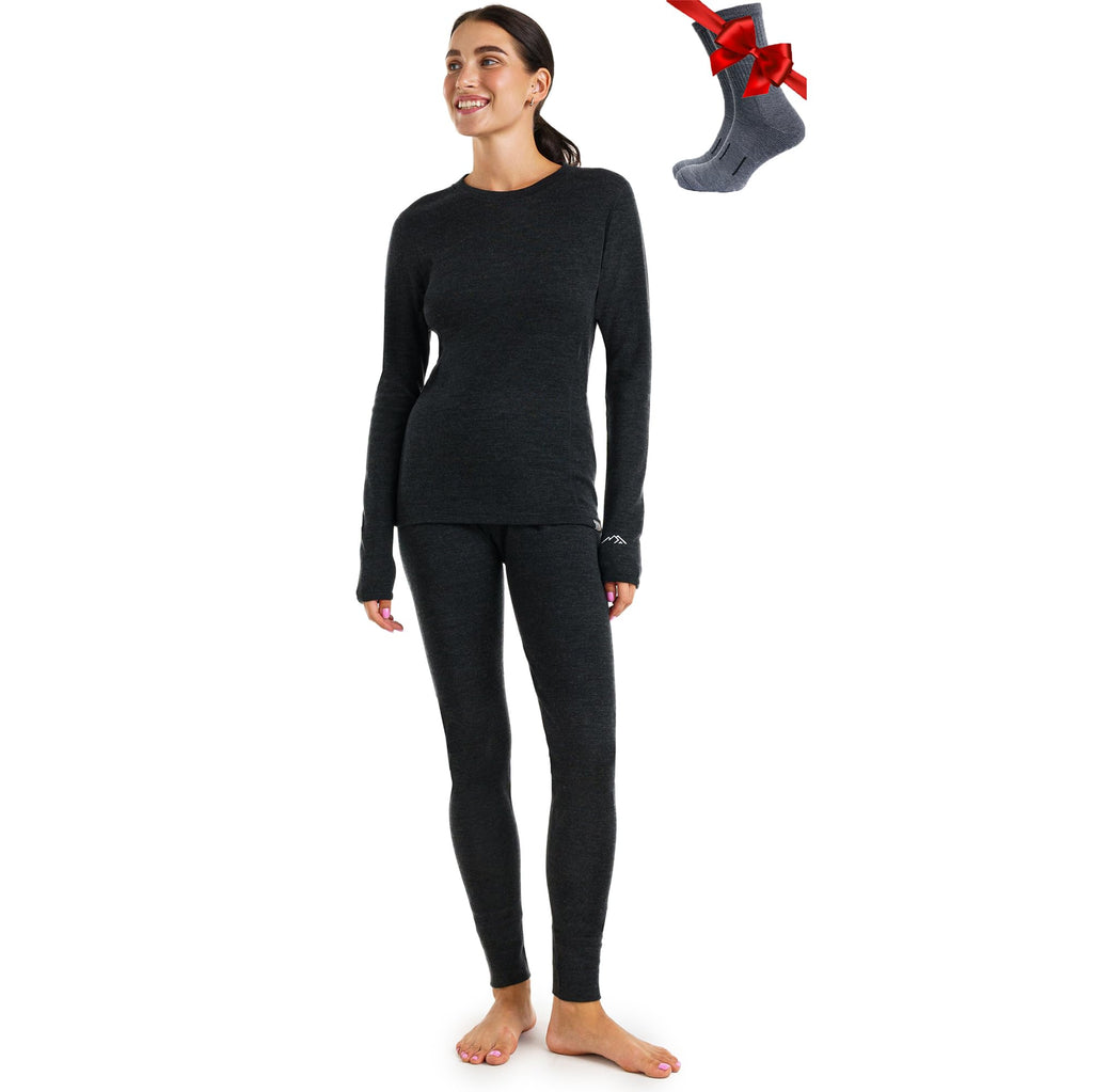 100% Merino Wool Base Layer Women Set - Thermal Underwear Women Top, Bottom