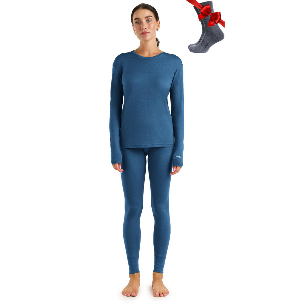 100% Merino Wool Base Layer Women Set - Thermal Underwear Women Top, Bottom