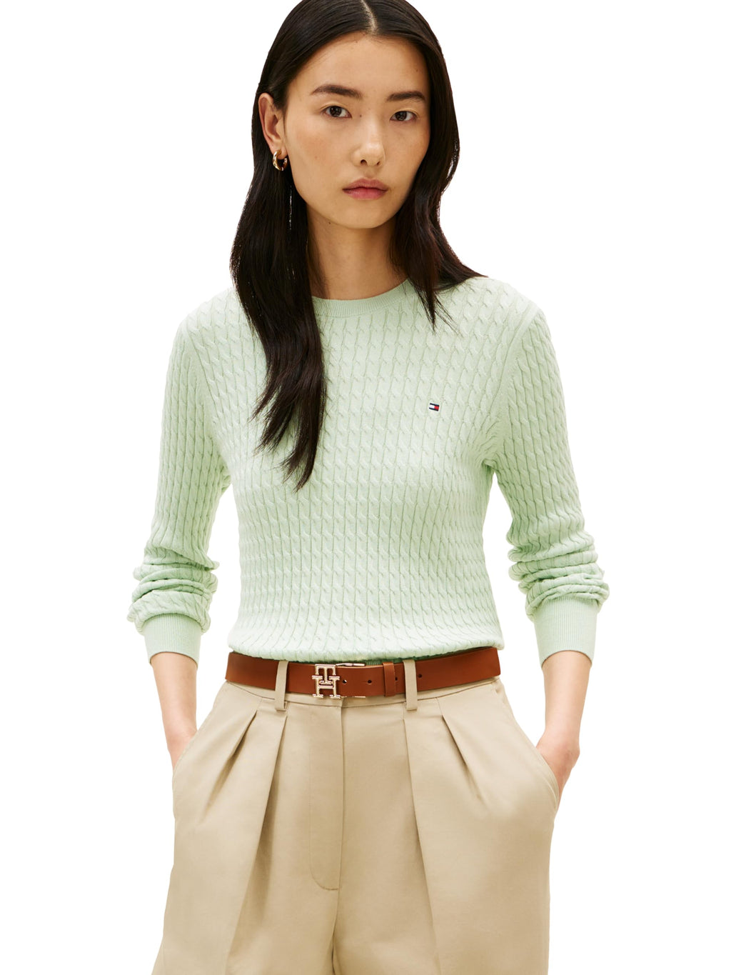 Tommy Hilfiger Women's Fine Gauge Cable Knit Crew Neck Sweater Lightweight Pullover