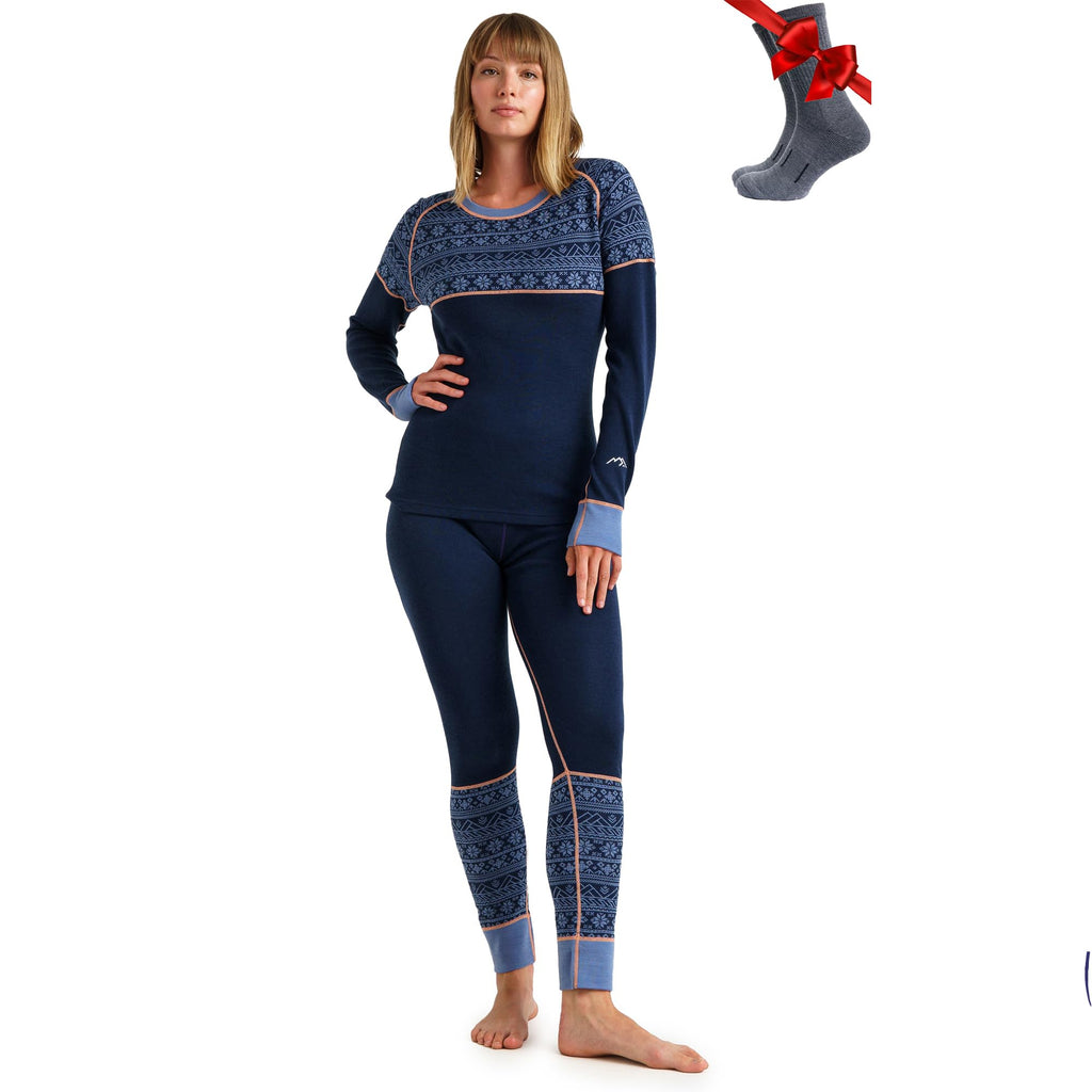 100% Merino Wool Base Layer Women Set - Thermal Underwear Women Top, Bottom