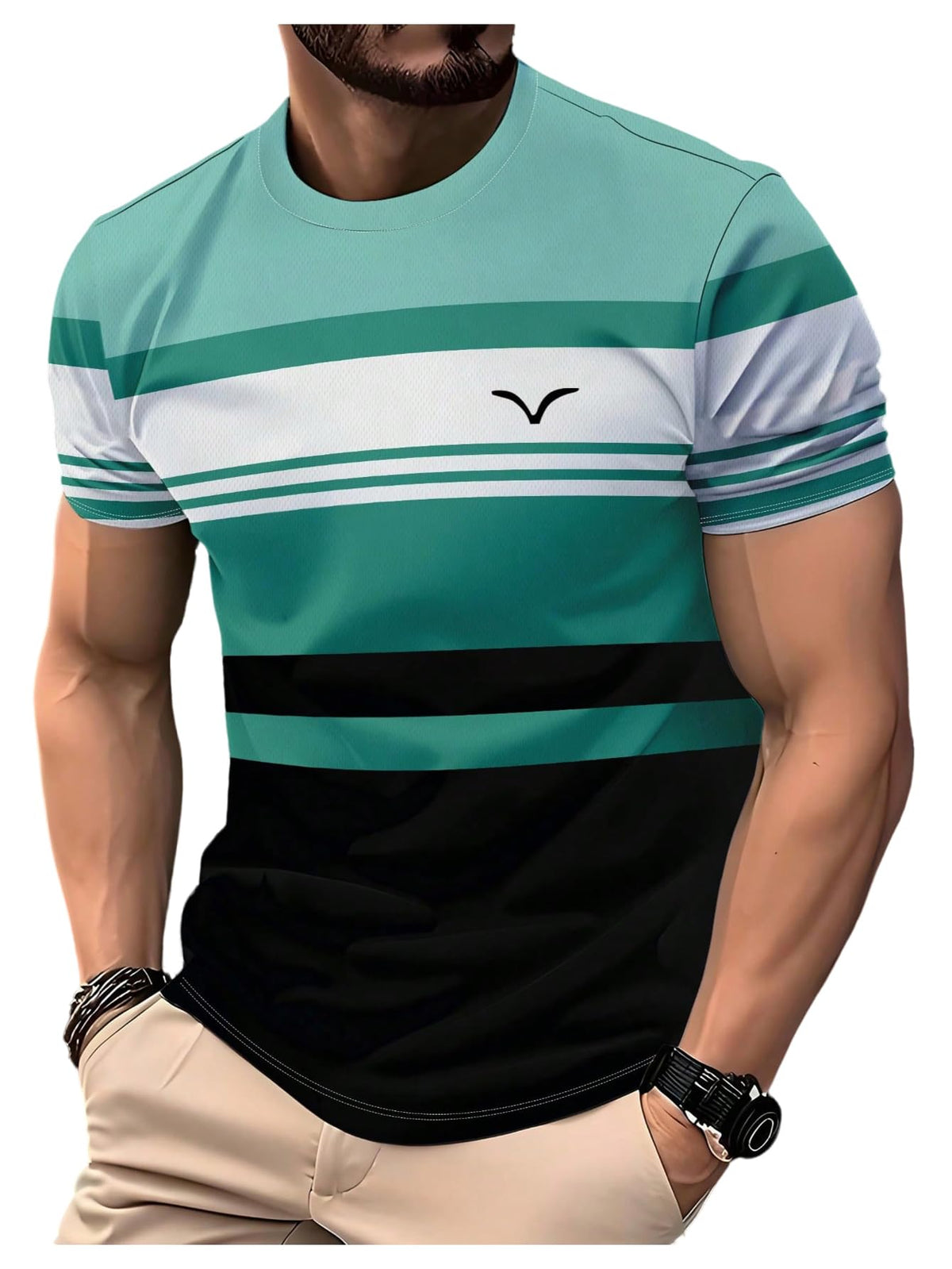 VIPWOLF Men's Casual Regular Fit Striped Shirt Graphic Tee