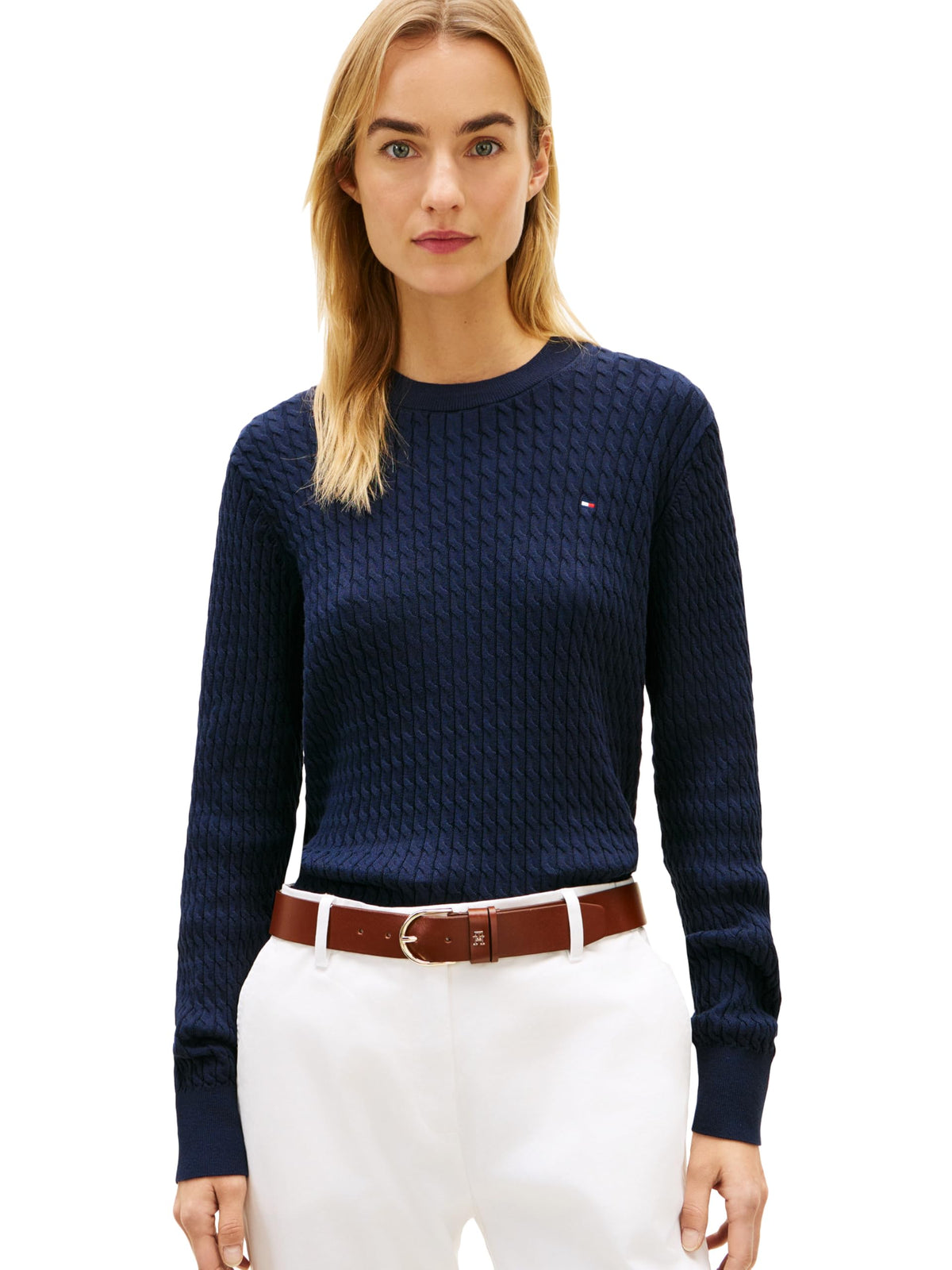 Tommy Hilfiger Women's Fine Gauge Cable Knit Crew Neck Sweater Lightweight Pullover
