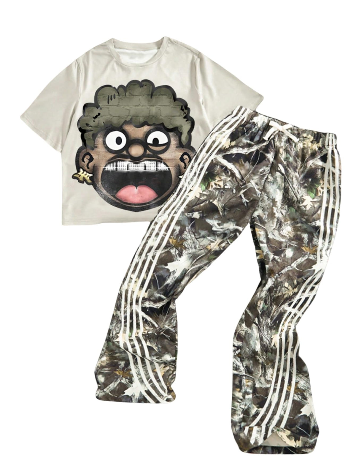 VIPWOLF Boy's Y2K Outfits Short Sleeve Anime Tee Shirts and Camo Flared Pants Clothing Sets