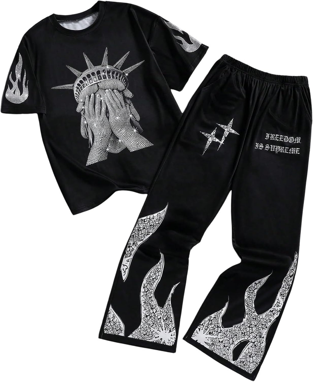 VIPWOLF Boy's Y2K Outfits Short Sleeve Anime Tee Shirts and Camo Flared Pants Clothing Sets