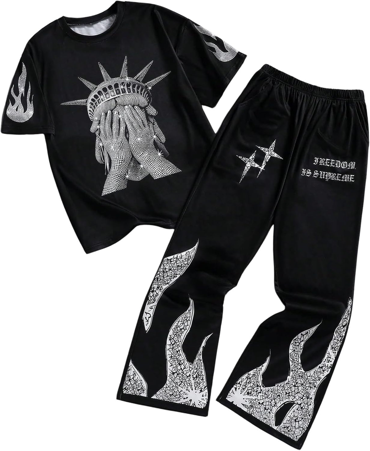 VIPWOLF Boy's Y2K Outfits Short Sleeve Anime Tee Shirts and Camo Flared Pants Clothing Sets