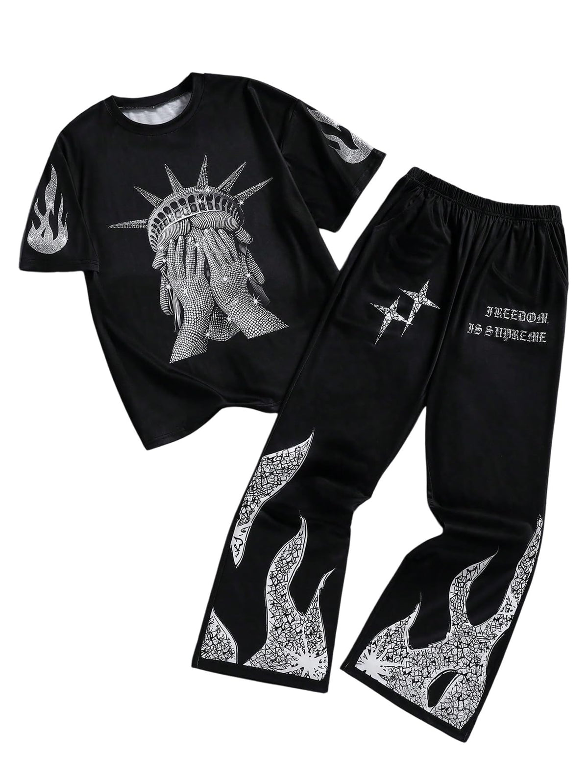 VIPWOLF Boy's Y2K Outfits Short Sleeve Anime Tee Shirts and Camo Flared Pants Clothing Sets