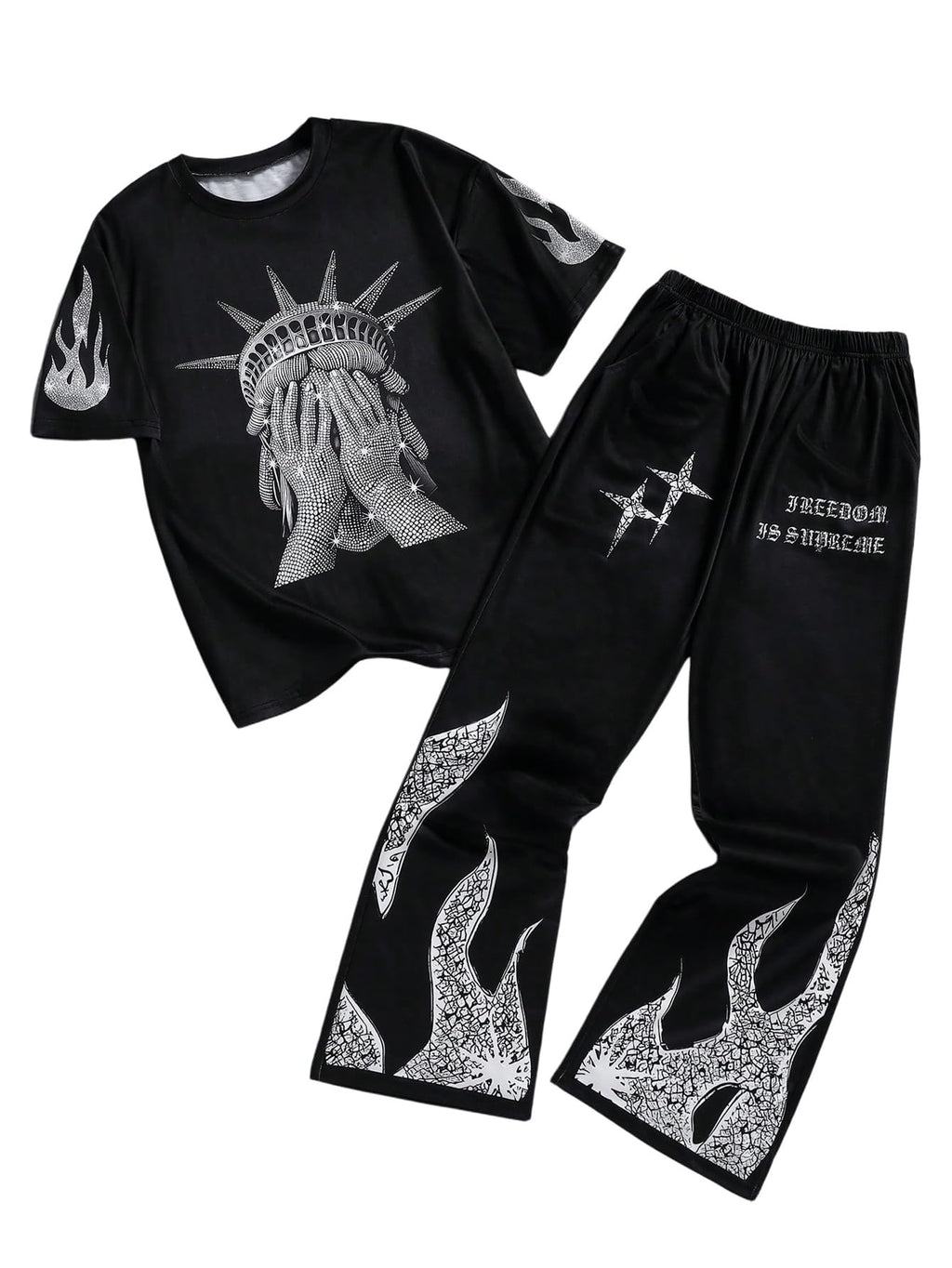 VIPWOLF Boy's Y2K Outfits Short Sleeve Anime Tee Shirts and Camo Flared Pants Clothing Sets