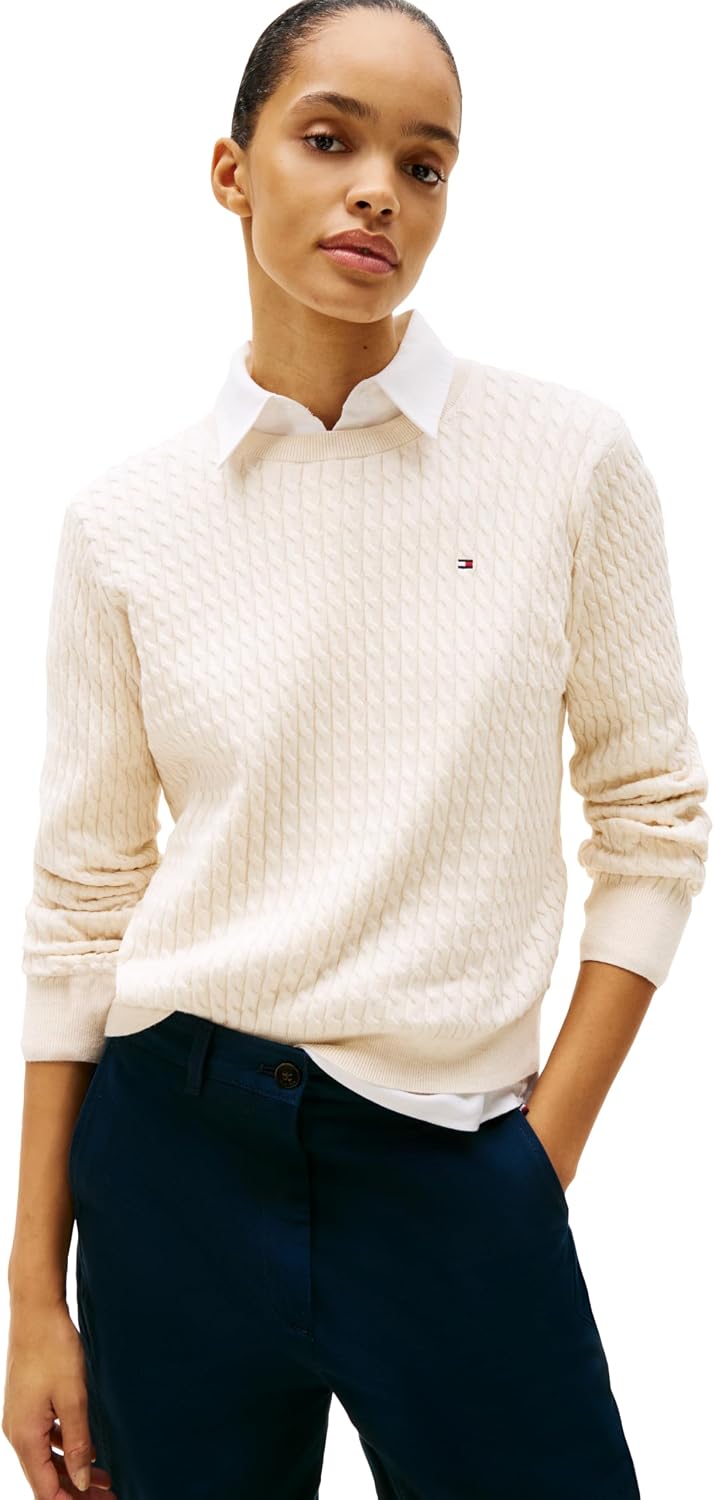 Tommy Hilfiger Women's Fine Gauge Cable Knit Crew Neck Sweater Lightweight Pullover