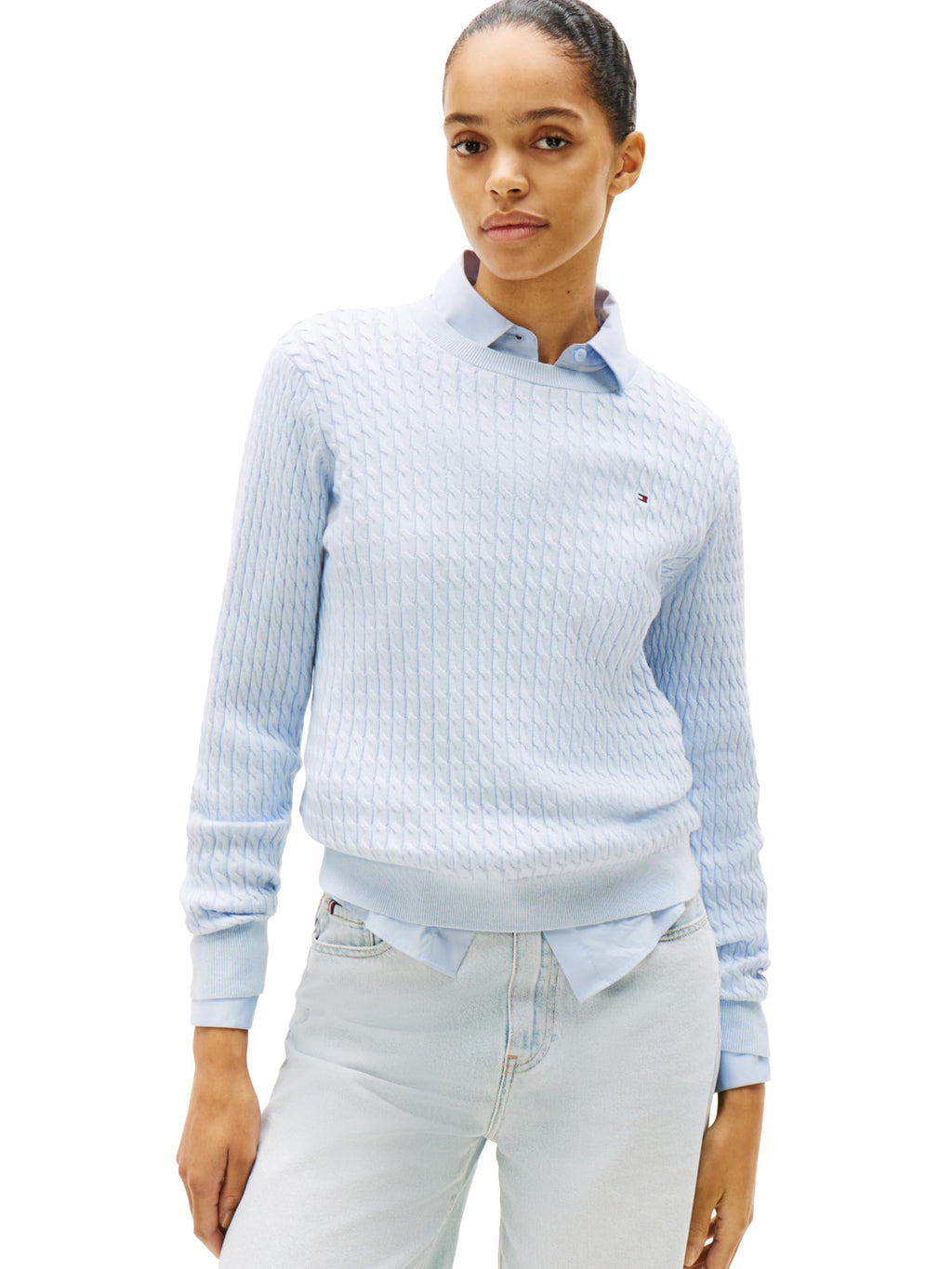 Tommy Hilfiger Women's Fine Gauge Cable Knit Crew Neck Sweater Lightweight Pullover