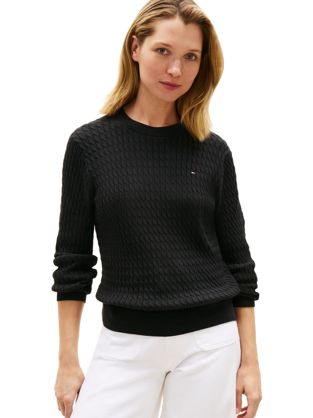 Tommy Hilfiger Women's Fine Gauge Cable Knit Crew Neck Sweater Lightweight Pullover