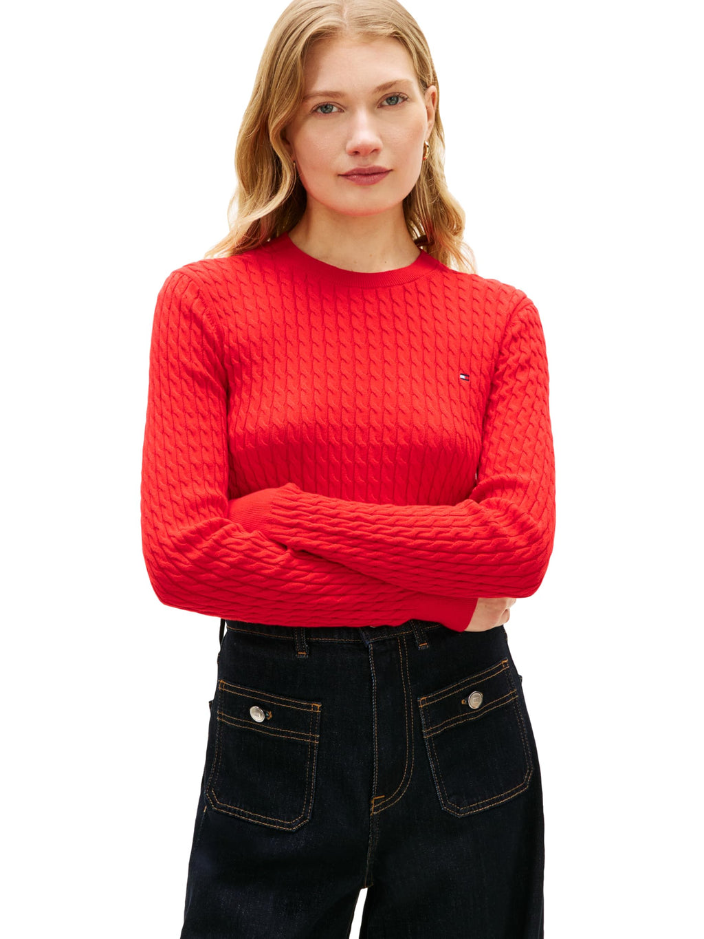 Tommy Hilfiger Women's Fine Gauge Cable Knit Crew Neck Sweater Lightweight Pullover