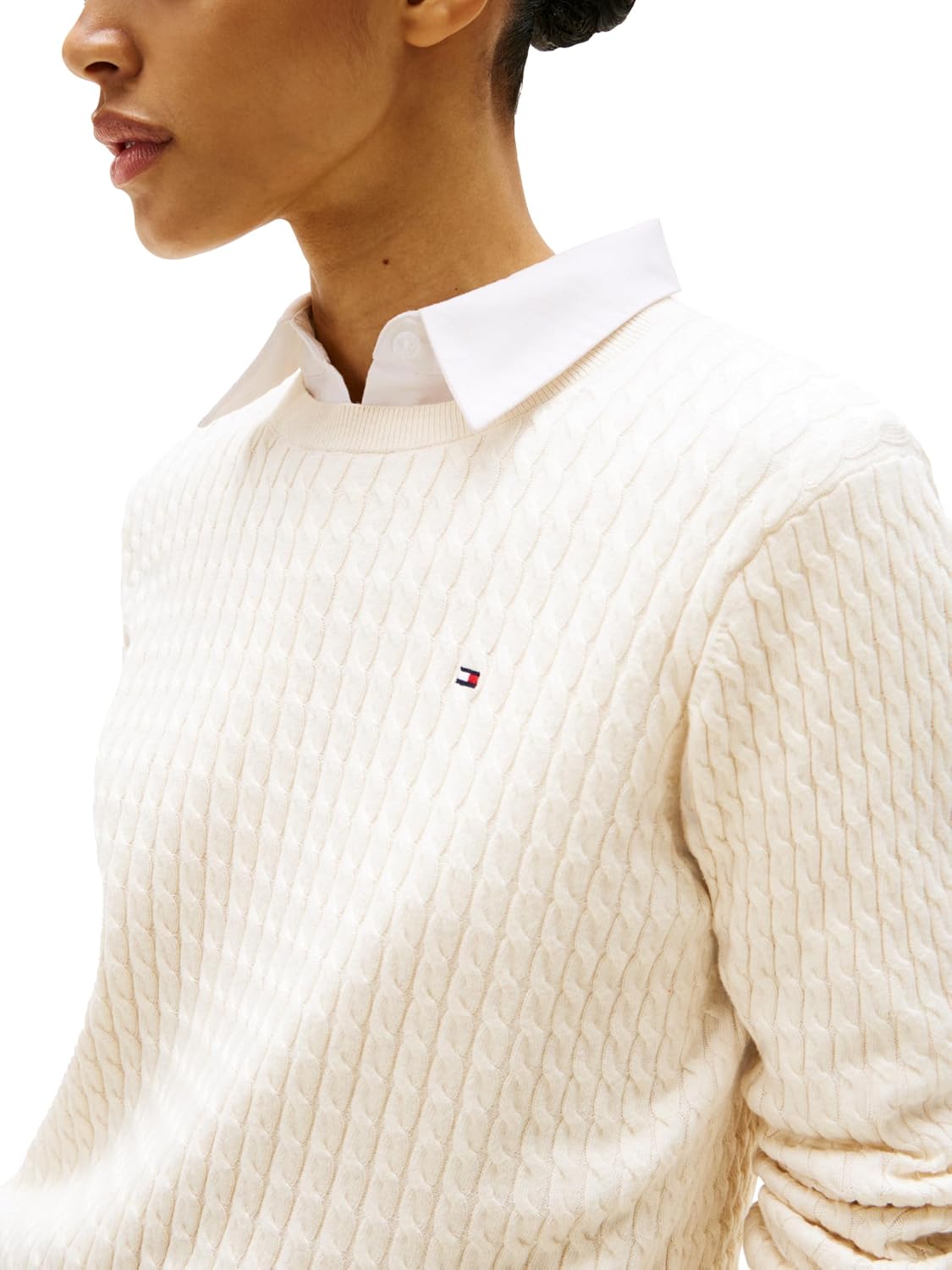 Tommy Hilfiger Women's Fine Gauge Cable Knit Crew Neck Sweater Lightweight Pullover