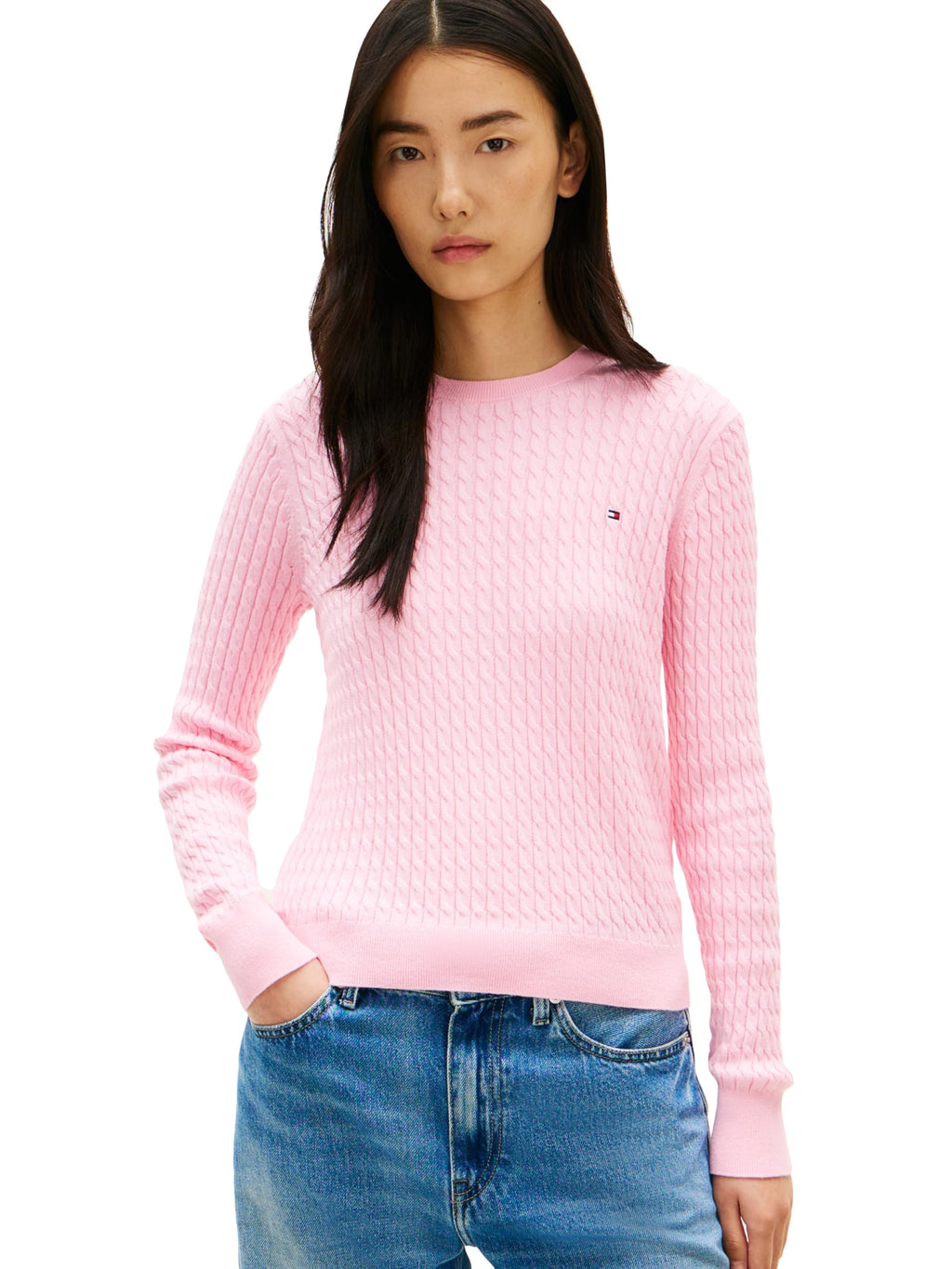 Tommy Hilfiger Women's Fine Gauge Cable Knit Crew Neck Sweater Lightweight Pullover